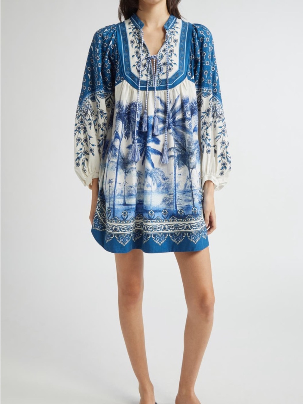 FARM Rio Palm Tree Print Linen Blend Tie-Front Dress NWT Size XXS